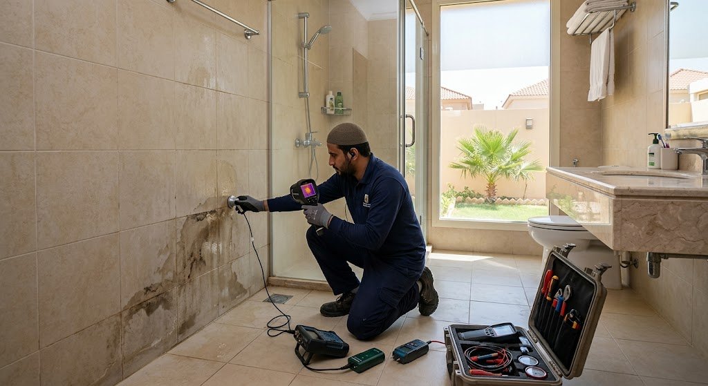 فني متخصص يستخدم أجهزة استشعار حديثة لإتمام عملية كشف تسربات المياه حي الواحه الرياض داخل حمام منزل بدقة عالية وبدون تكسير لضمان سلامة الجدران والأرضيات