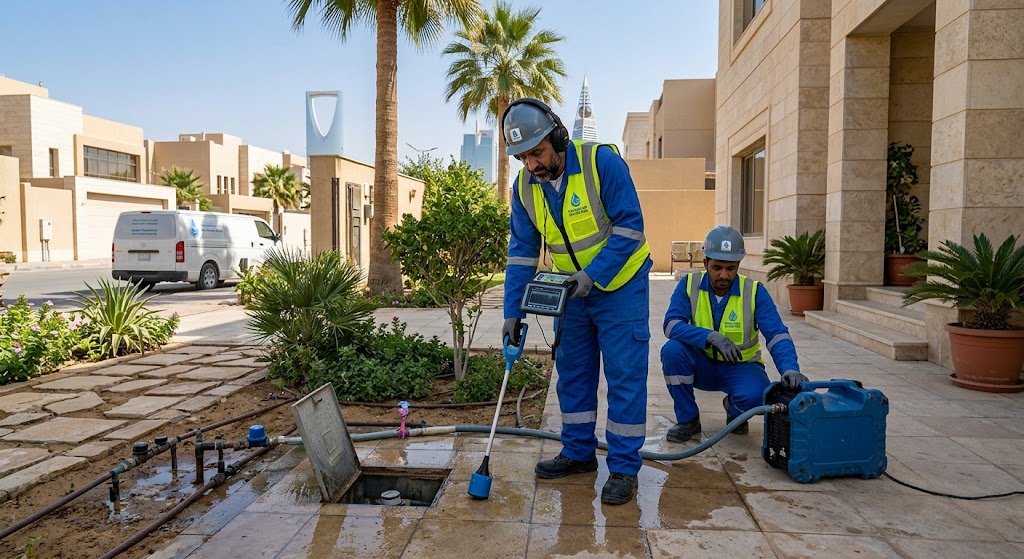 فريق متخصص يقوم بفحص وكشف تسربات المياه بأحدث الأجهزة ضمن خدمات كشف تسربات المياه حي بن تركي بالرياض