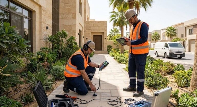 فريق عمل محترف يقوم بفحص وكشف تسربات المياه بدقة وأمان باستخدام أحدث الأجهزة الإلكترونية دون تكسير ضمن خدمات كشف تسربات المياه حي نمار بالرياض لضمان حماية المباني وراحة العملاء.