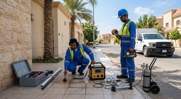 فني محترف يقوم بكشف تسربات المياه بدقة وإتقان باستخدام أحدث الأجهزة الإلكترونية دون تكسير ضمن خدمات كشف تسربات حي النسيم لضمان المحافظة على المبنى وراحة العملاء.