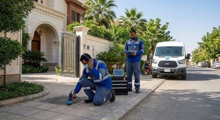 فني محترف يقوم بفحص وكشف تسربات المياه بدقة وأمان باستخدام أحدث الأجهزة الإلكترونية دون تكسير ضمن خدمات كشف تسربات حي صلاح الدين لضمان حماية المباني وراحة العملاء.