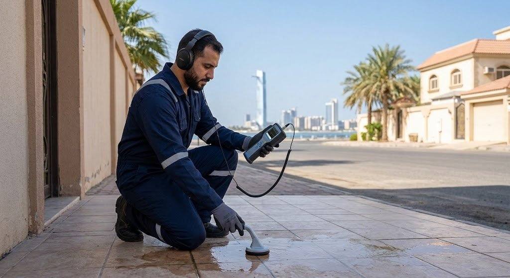 فني محترف يقوم بأعمال فحص وكشف تسربات المياه بدقة وأمان باستخدام أحدث الأجهزة الإلكترونية دون تكسير ضمن خدمات كشف تسربات حي اليمامة لضمان سلامة المبنى وراحة العملاء.