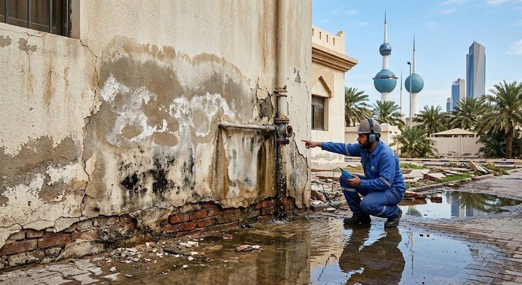 فني محترف يقوم بأعمال فحص وكشف تسربات المياه بدقة وأمان باستخدام أحدث الأجهزة الإلكترونية دون تكسير ضمن خدمات كشف تسربات حي الغدير لضمان المحافظة على البنية التحتية وراحة العملاء.