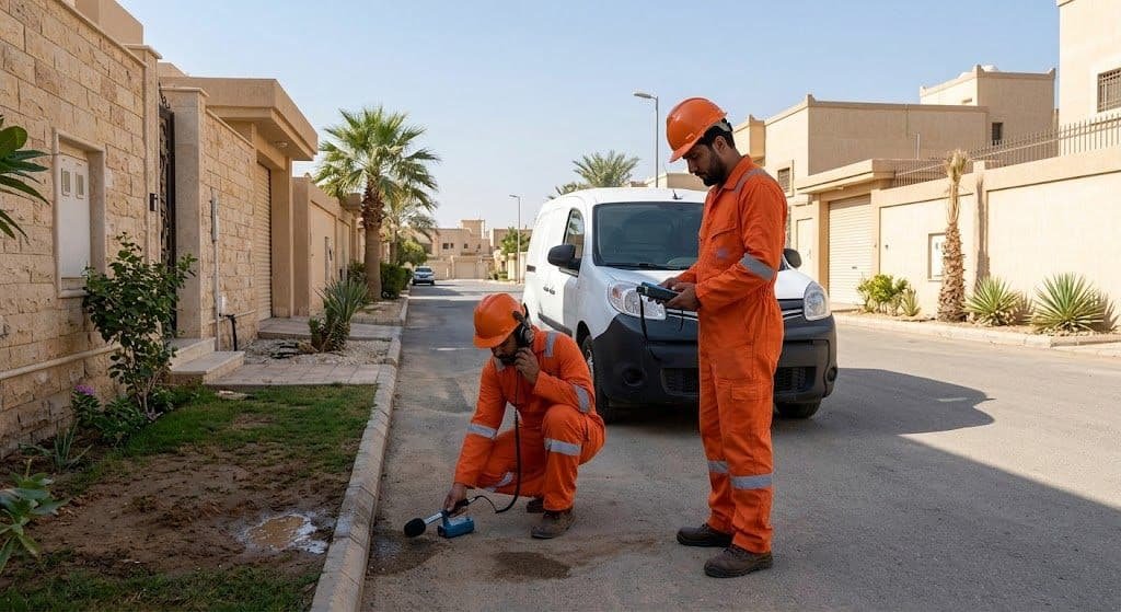 فني محترف يقوم بأعمال كشف وتسجيل تسربات المياه بدقة وأمان باستخدام أحدث الأجهزة الإلكترونية دون تكسير ضمن خدمات كشف تسربات حي الروابي لضمان المحافظة على المباني وراحة العملاء.
