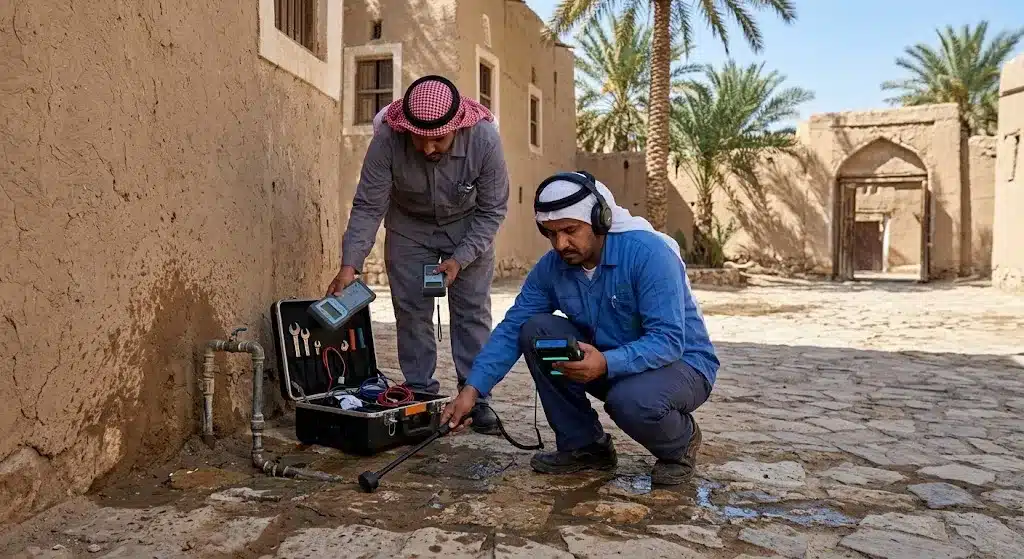فني محترف يقوم بأعمال فحص وكشف تسربات المياه بدقة وأمان باستخدام أحدث الأجهزة الإلكترونية المتطورة وبدون تكسير ضمن خدمات كشف تسربات حي المروة لضمان المحافظة على سلامة المباني وراحة العملاء.