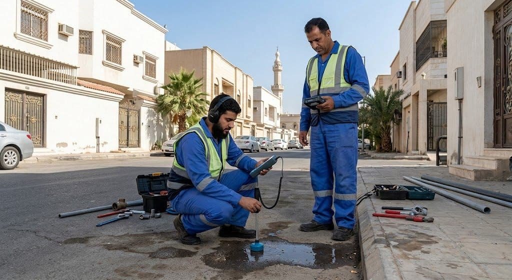 فني محترف يقوم بأعمال فحص وكشف تسربات المياه إلكترونياً بدون تكسير بدقة وأمان باستخدام أحدث الأجهزة التقنية ضمن خدمات كشف تسربات حي الفيحاء لضمان المحافظة على البنية التحتية وراحة العملاء.